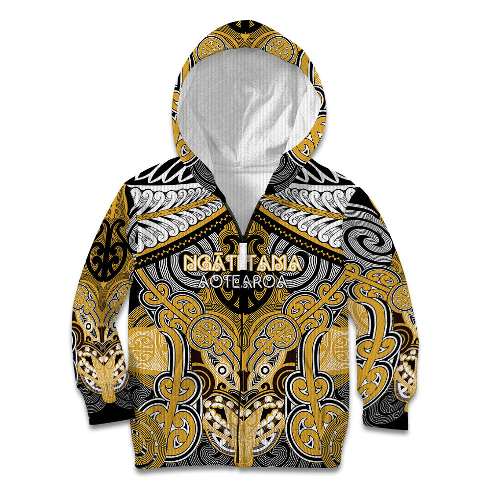 Aotearoa Iwi Ngati Tama Personalised Kid Hoodie Maori Kowhaiwhai Pattern LT19 Zip Hoodie Yellow - Polynesian Pride