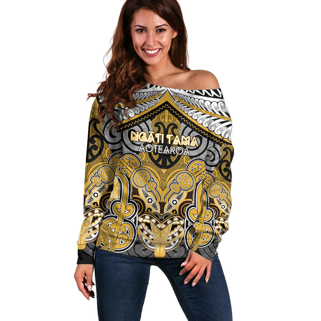 Aotearoa Iwi Ngati Tama Personalised Off Shoulder Sweater Maori Kowhaiwhai Pattern