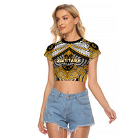 Aotearoa Iwi Ngati Tama Personalised Raglan Cropped T Shirt Maori Kowhaiwhai Pattern LT19 Female Yellow - Polynesian Pride