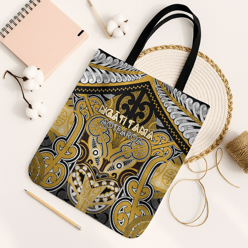 Aotearoa Iwi Ngati Tama Tote Bag Maori Kowhaiwhai Pattern LT19 Black Strap One Size Yellow - Polynesian Pride