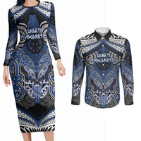 Aotearoa Iwi Ngati Tuwharetoa Personalised Couples Matching Long Sleeve Bodycon Dress and Long Sleeve Button Shirt Maori Kowhaiwhai Pattern LT19 Blue - Polynesian Pride