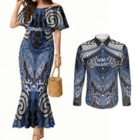 Aotearoa Iwi Ngati Tuwharetoa Personalised Couples Matching Mermaid Dress and Long Sleeve Button Shirt Maori Kowhaiwhai Pattern LT19 Blue - Polynesian Pride