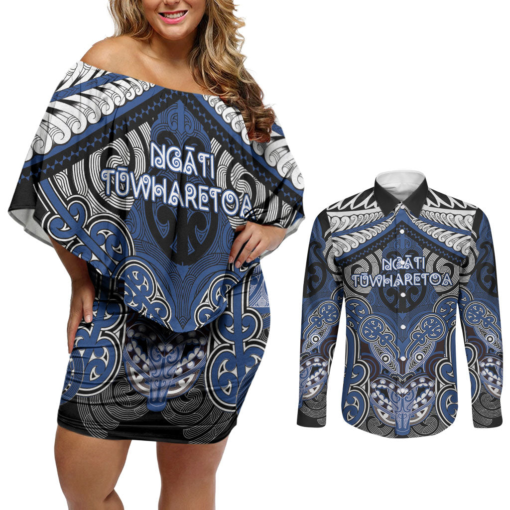Aotearoa Iwi Ngati Tuwharetoa Personalised Couples Matching Off Shoulder Short Dress and Long Sleeve Button Shirt Maori Kowhaiwhai Pattern LT19 Blue - Polynesian Pride