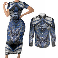 Aotearoa Iwi Ngati Tuwharetoa Personalised Couples Matching Short Sleeve Bodycon Dress and Long Sleeve Button Shirt Maori Kowhaiwhai Pattern LT19 Blue - Polynesian Pride