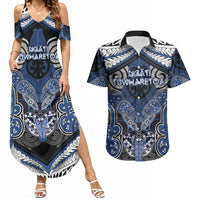 Aotearoa Iwi Ngati Tuwharetoa Personalised Couples Matching Summer Maxi Dress and Hawaiian Shirt Maori Kowhaiwhai Pattern LT19 Blue - Polynesian Pride