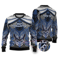 Aotearoa Iwi Ngati Tuwharetoa Personalised Ugly Christmas Sweater Maori Kowhaiwhai Pattern LT19 Blue - Polynesian Pride