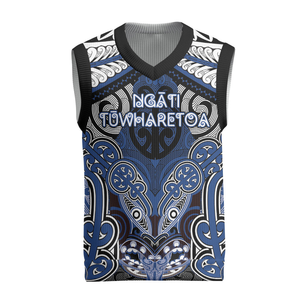 Aotearoa Iwi Ngati Tuwharetoa Personalised Christmas Knitted V-Neck Vest Maori Kowhaiwhai Pattern LT19 Blue - Polynesian Pride