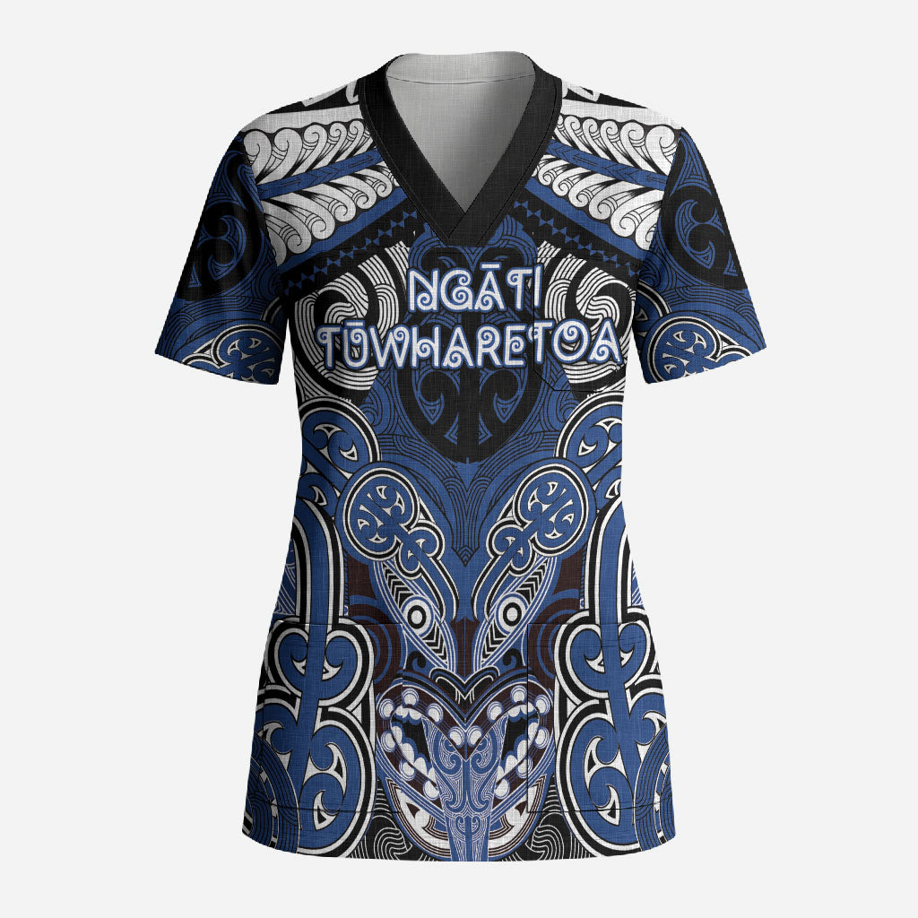 Aotearoa Iwi Ngati Tuwharetoa Personalised Scrub Top Maori Kowhaiwhai Pattern LT19 Adult Blue - Polynesian Pride