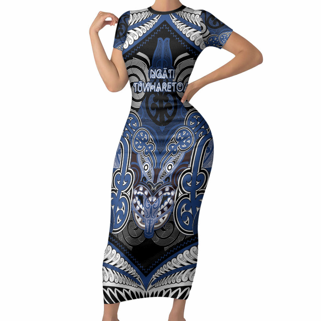 Aotearoa Iwi Ngati Tuwharetoa Personalised Short Sleeve Bodycon Dress Maori Kowhaiwhai Pattern LT19 Long Dress Blue - Polynesian Pride
