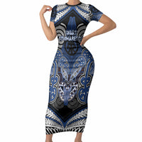 Aotearoa Iwi Ngati Tuwharetoa Personalised Short Sleeve Bodycon Dress Maori Kowhaiwhai Pattern LT19 Long Dress Blue - Polynesian Pride