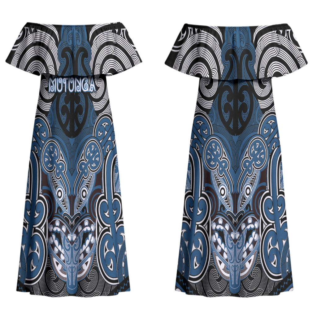 Aotearoa Iwi Ngati Mutunga Personalised Couples Matching Off Shoulder Maxi Dress and Long Sleeve Button Shirt Maori Kowhaiwhai Pattern