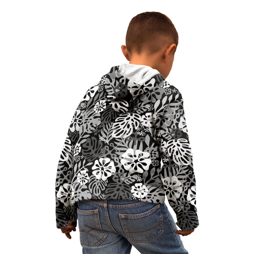 Black Aloha Hawaiian Kid Hoodie Monstera Hibiscus Tropical Pattern