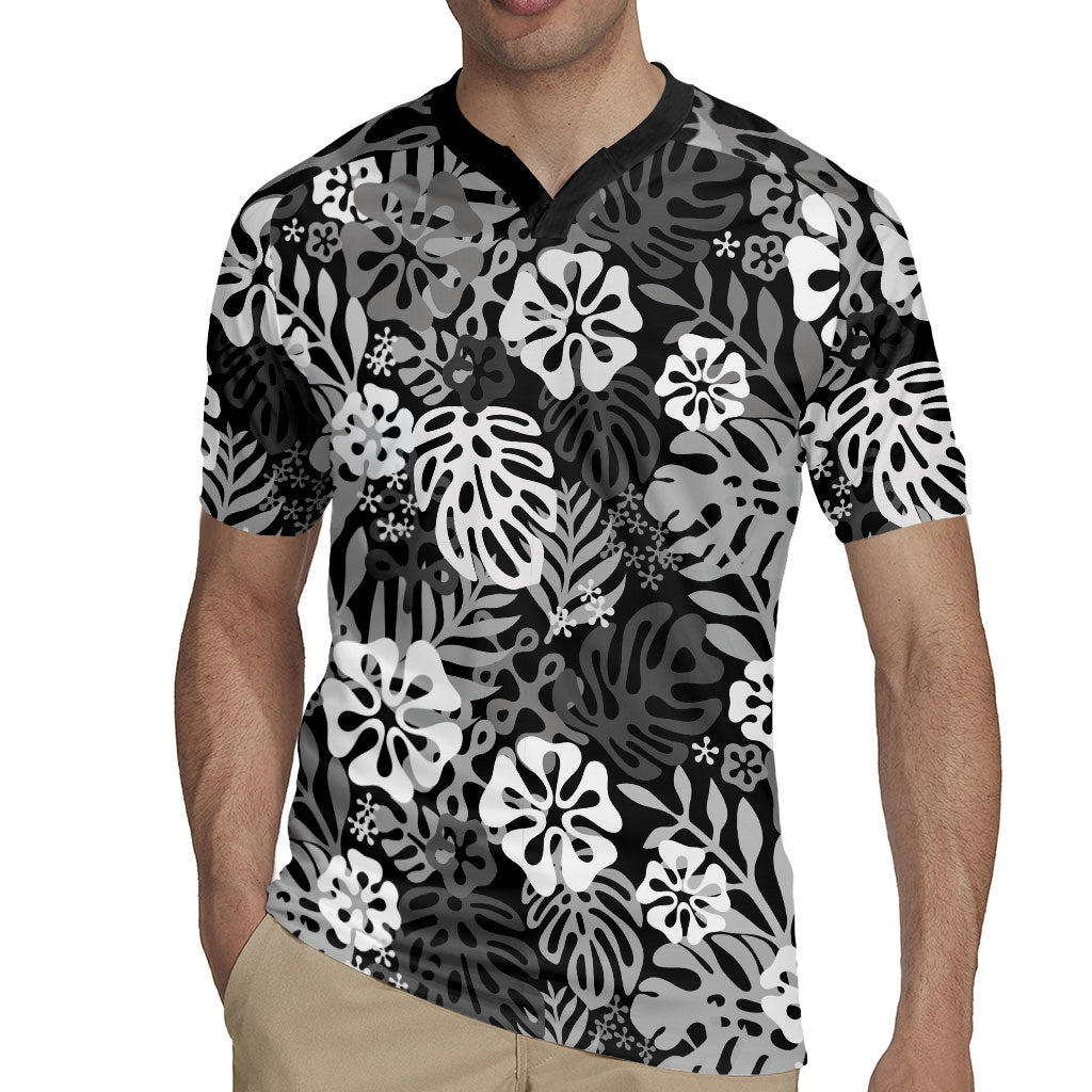 Black Aloha Hawaiian Rugby Jersey Monstera Hibiscus Tropical Pattern LT19 - Polynesian Pride