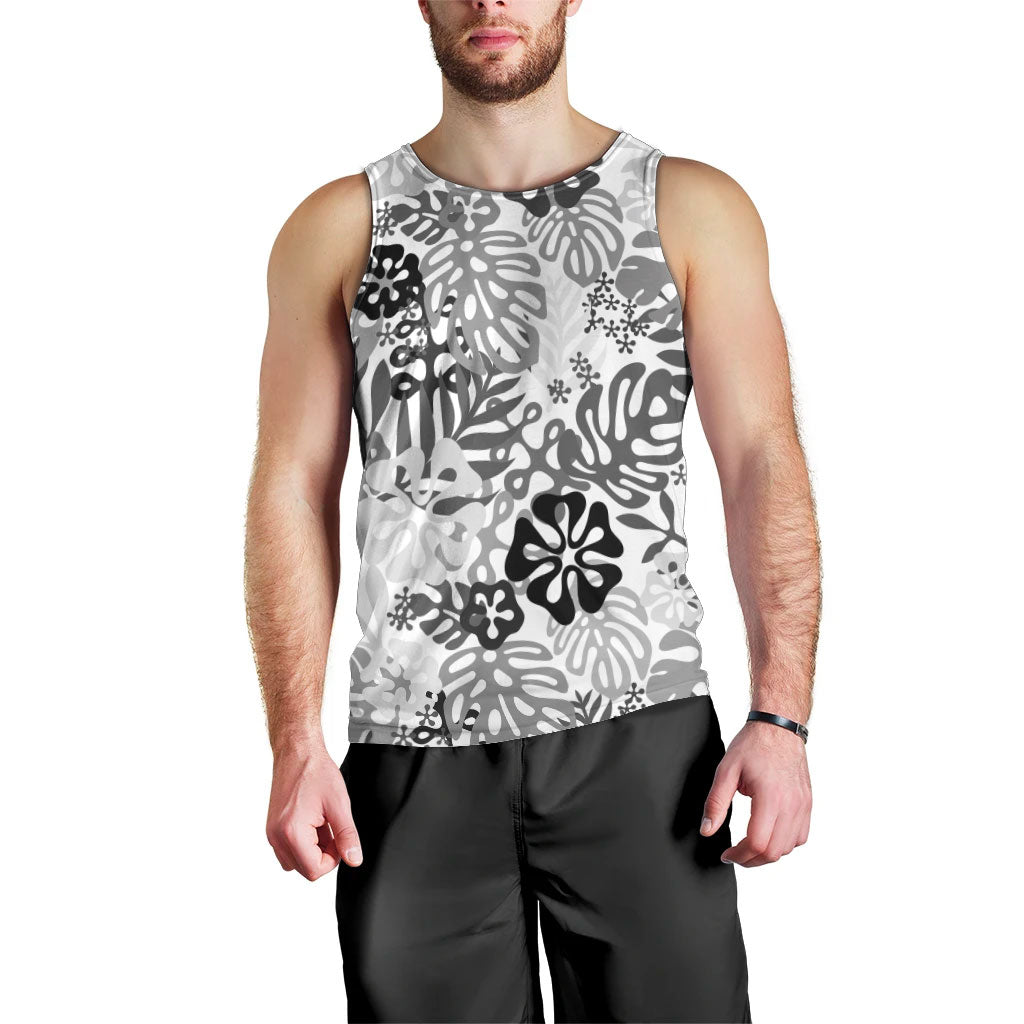 White Aloha Hawaiian Men Tank Top Monstera Hibiscus Tropical Pattern LT19 - Polynesian Pride