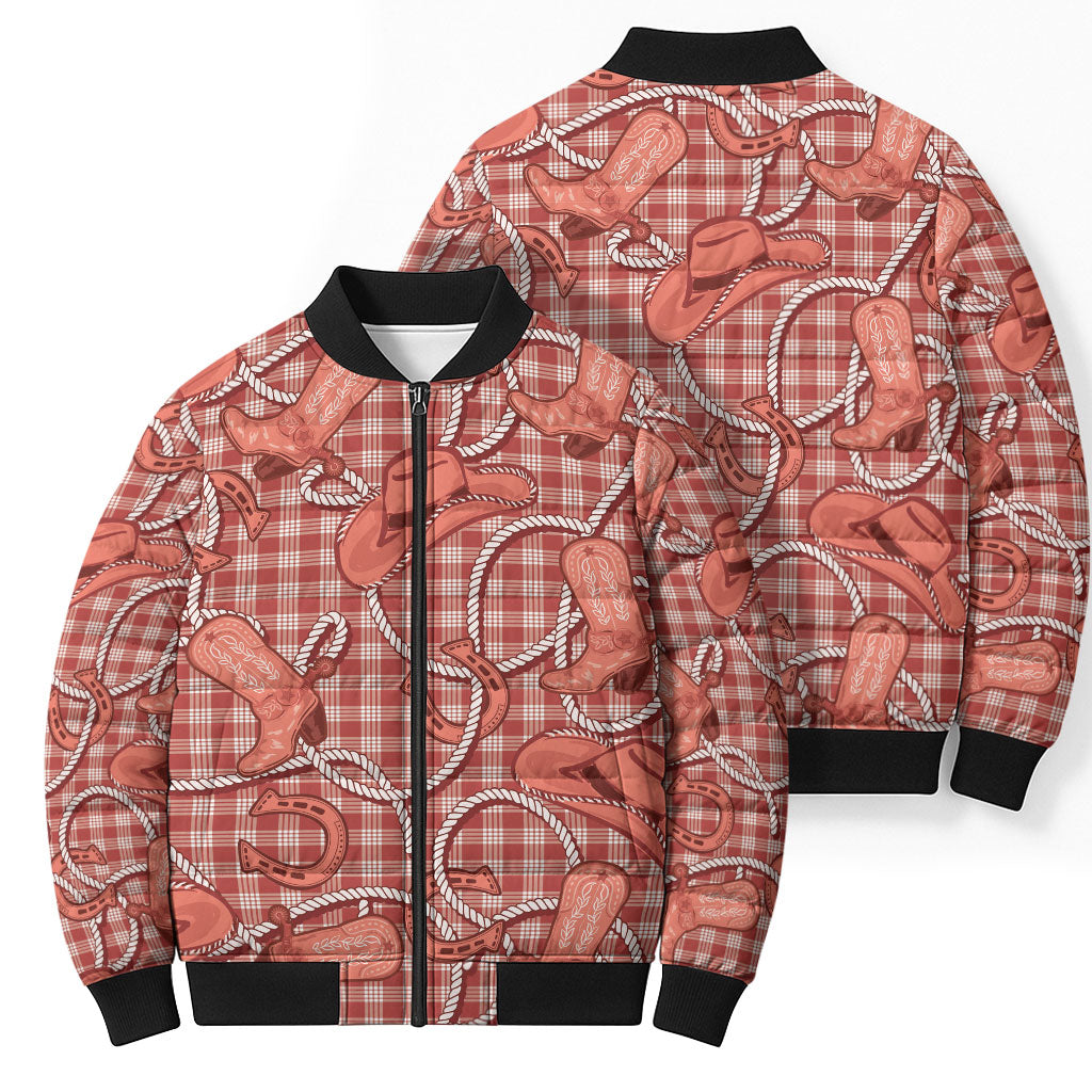 Red Hawaii Palaka Cowboy Bomber Puffer Jacket Hawaiian Paniolo Festival Spirit LT19 - Polynesian Pride
