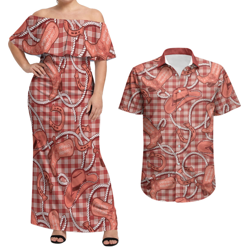 Red Hawaii Palaka Cowboy Couples Matching Off Shoulder Maxi Dress and Hawaiian Shirt Hawaiian Paniolo Festival Spirit LT19 Red - Polynesian Pride