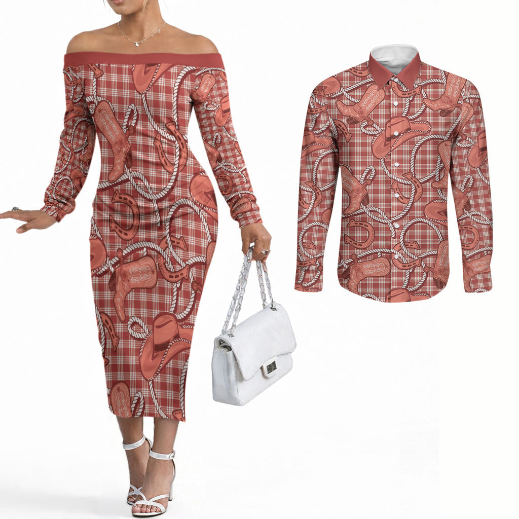 Red Hawaii Palaka Cowboy Couples Matching Off The Shoulder Long Sleeve Dress and Long Sleeve Button Shirt Hawaiian Paniolo Festival Spirit LT19 Red - Polynesian Pride