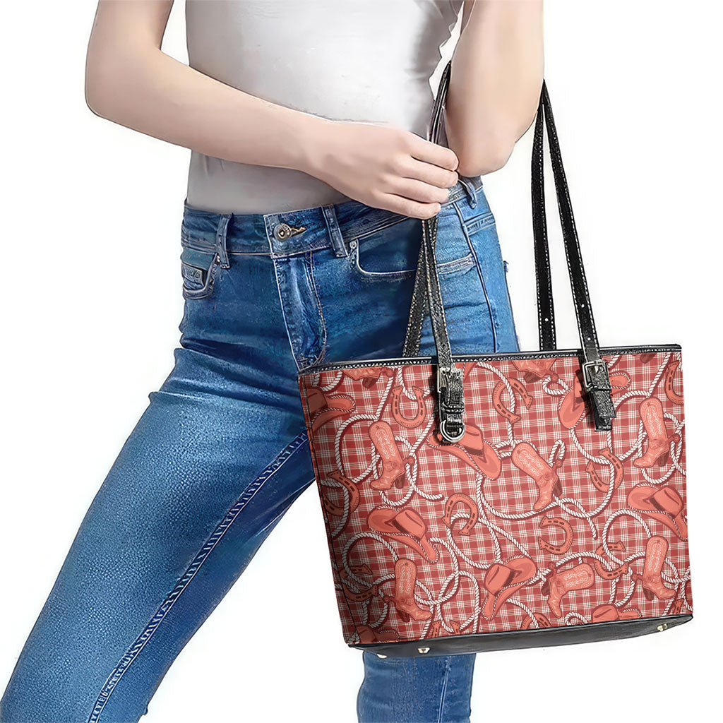 Red Hawaii Palaka Cowboy Leather Tote Bag Hawaiian Paniolo Festival Spirit LT19 - Polynesian Pride