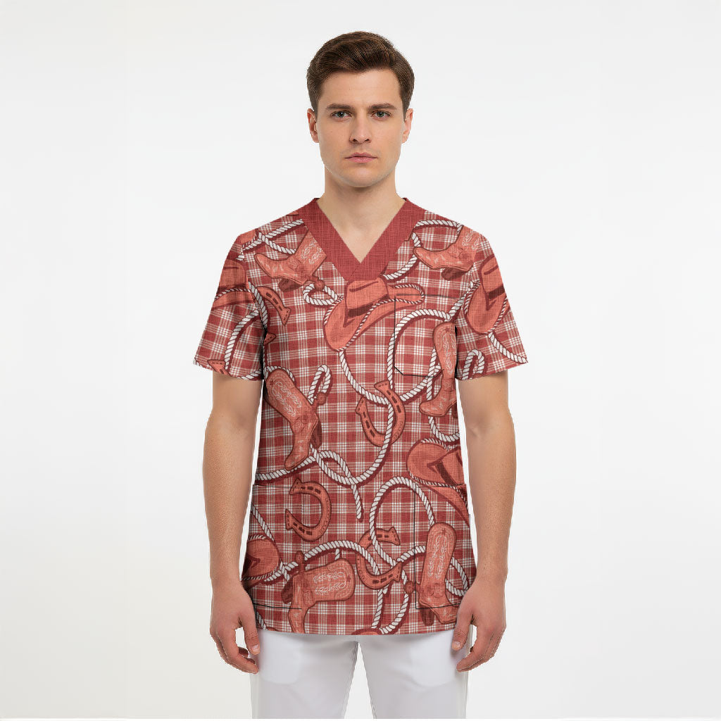 Red Hawaii Palaka Cowboy Scrub Top Hawaiian Paniolo Festival Spirit LT19 - Polynesian Pride