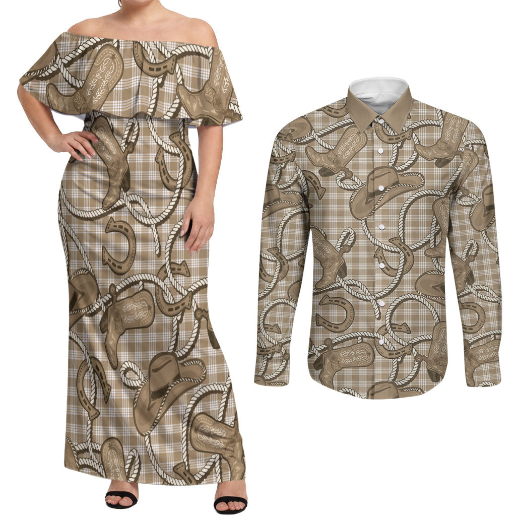Beige Hawaii Palaka Cowboy Couples Matching Off Shoulder Maxi Dress and Long Sleeve Button Shirt Hawaiian Paniolo Festival Spirit LT19 Beige - Polynesian Pride