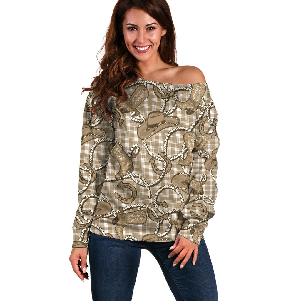 Beige Hawaii Palaka Cowboy Off Shoulder Sweater Hawaiian Paniolo Festival Spirit LT19 Women Beige - Polynesian Pride