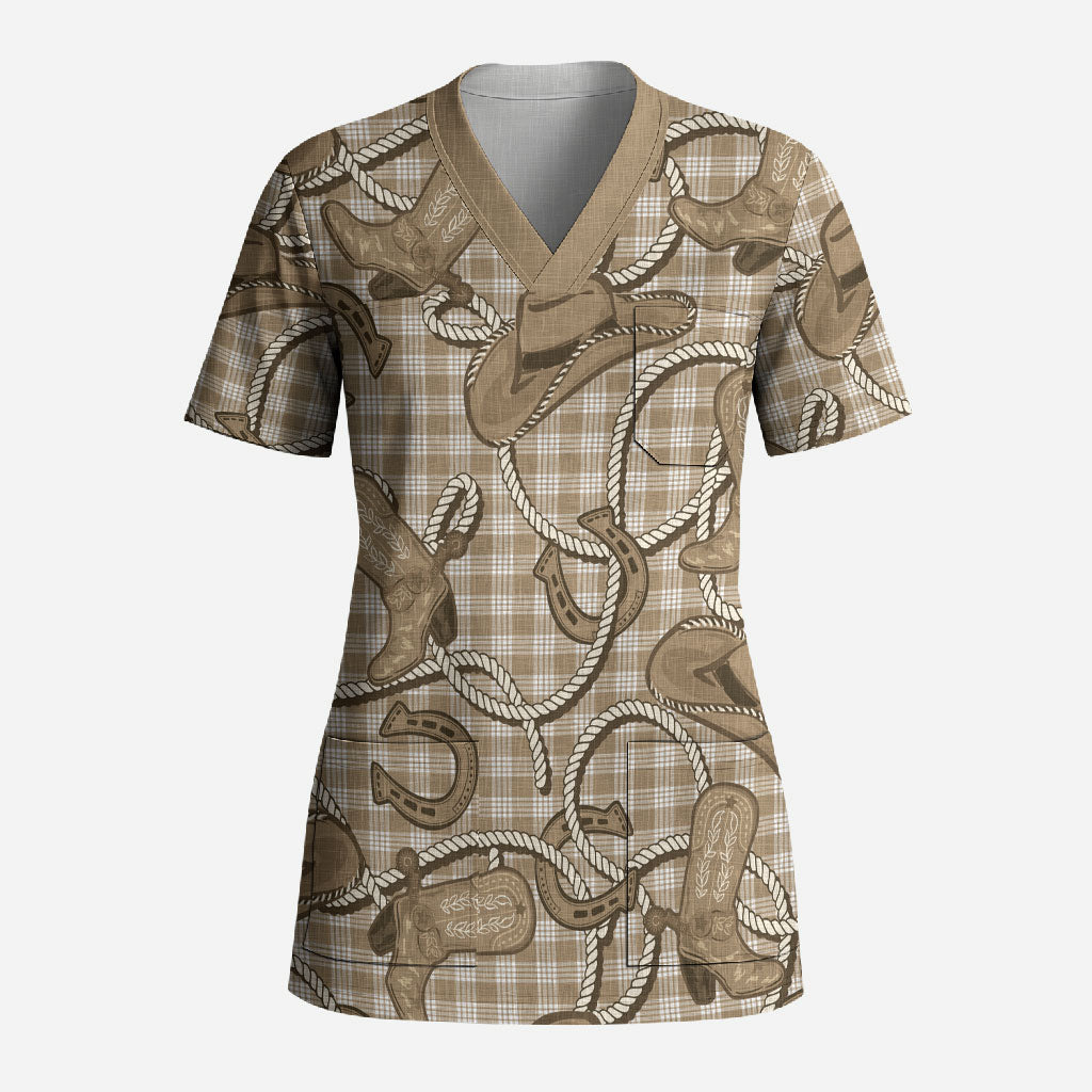 Beige Hawaii Palaka Cowboy Scrub Top Hawaiian Paniolo Festival Spirit LT19 Adult Beige - Polynesian Pride