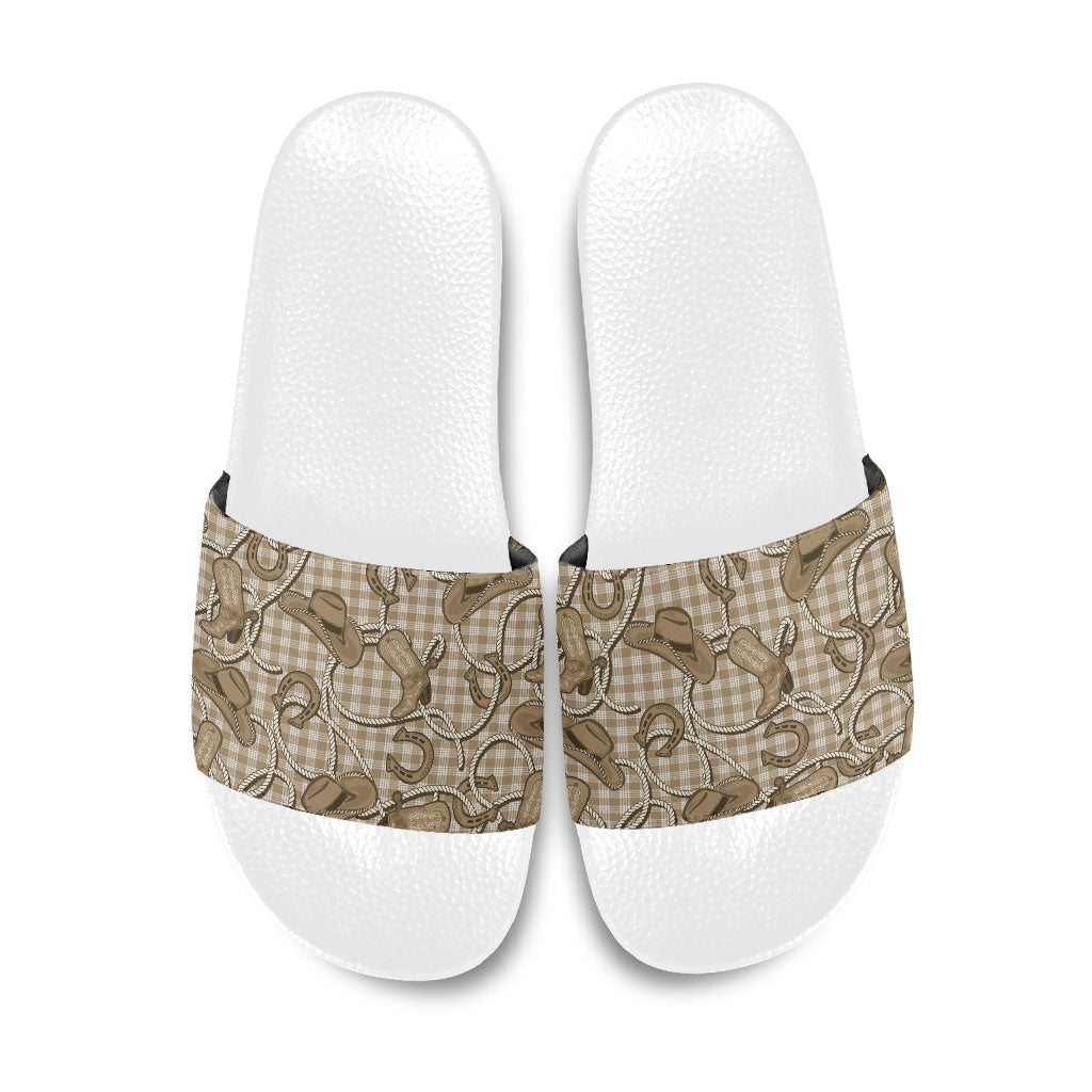 Beige Hawaii Palaka Cowboy Slide Sandals Hawaiian Paniolo Festival Spirit LT19 Beige - Polynesian Pride