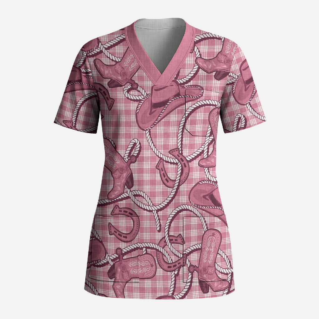 Pink Hawaii Palaka Cowboy Scrub Top Hawaiian Paniolo Festival Spirit LT19 Adult Pink - Polynesian Pride