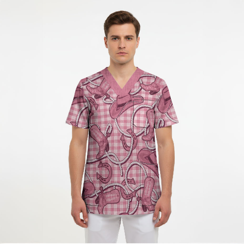 Pink Hawaii Palaka Cowboy Scrub Top Hawaiian Paniolo Festival Spirit LT19 - Polynesian Pride