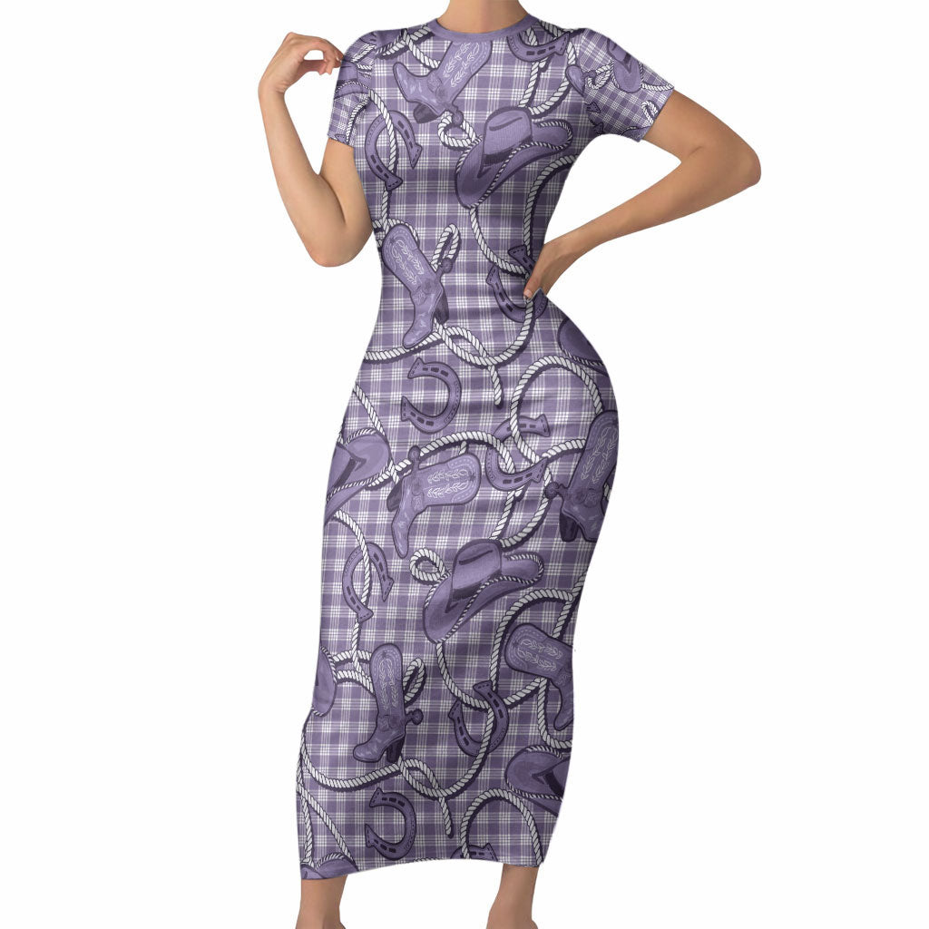 Purple Hawaii Palaka Cowboy Short Sleeve Bodycon Dress Hawaiian Paniolo Festival Spirit LT19 Long Dress Purple - Polynesian Pride