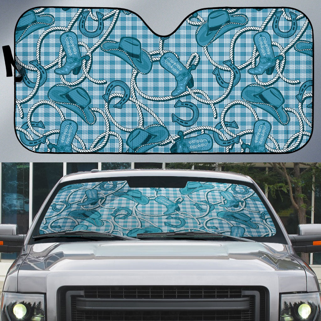 Blue Hawaii Palaka Cowboy Auto Sun Shade Hawaiian Paniolo Festival Spirit LT19 Blue - Polynesian Pride