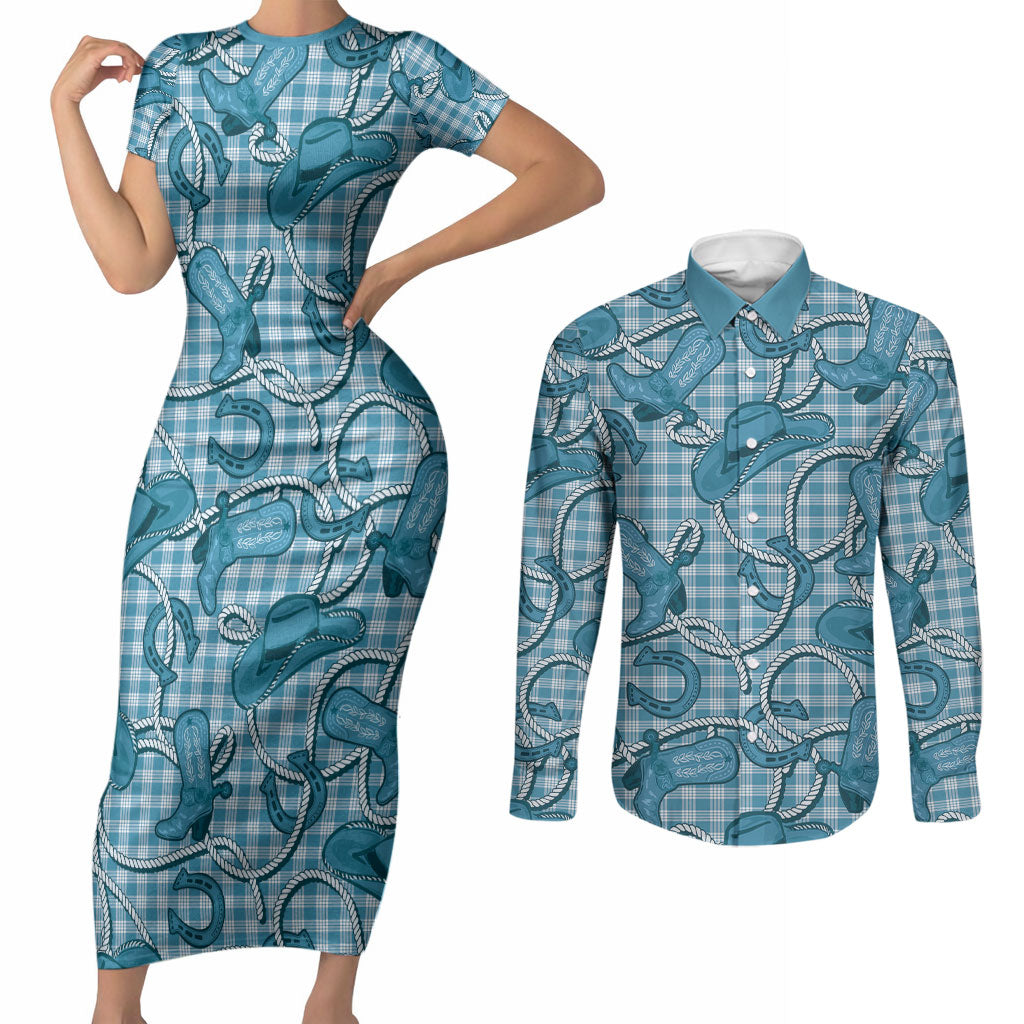 Blue Hawaii Palaka Cowboy Couples Matching Short Sleeve Bodycon Dress and Long Sleeve Button Shirt Hawaiian Paniolo Festival Spirit LT19 Blue - Polynesian Pride