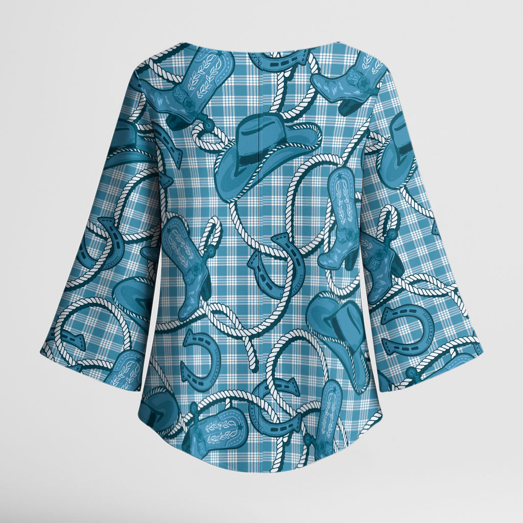 Blue Hawaii Palaka Cowboy Kimono Sleeve Blouse Hawaiian Paniolo Festival Spirit LT19 - Polynesian Pride