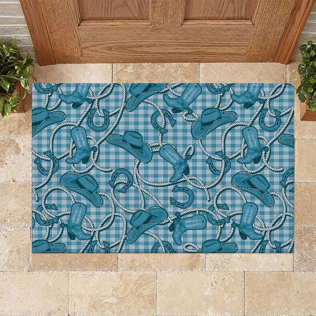 Blue Hawaii Palaka Cowboy Rubber Doormat Hawaiian Paniolo Festival Spirit LT19 Blue - Polynesian Pride