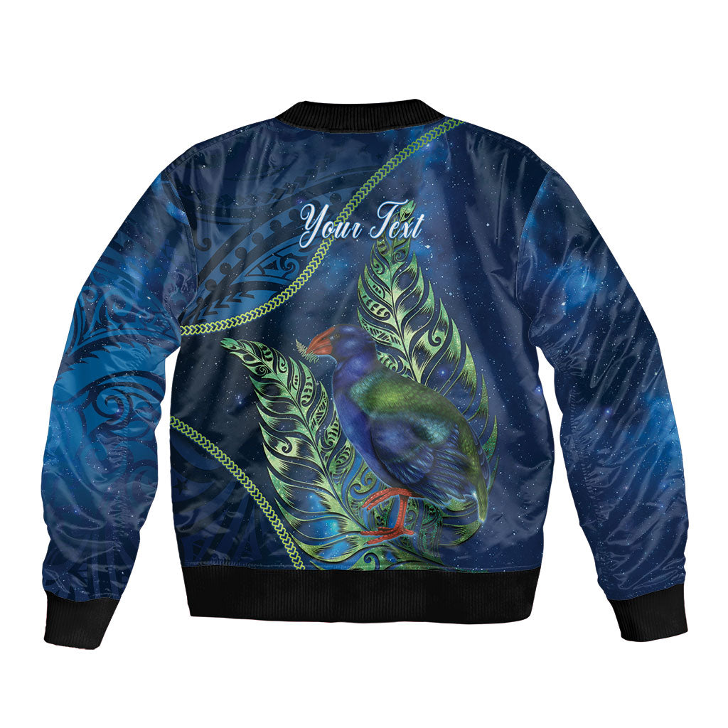 New Zealand Takahe Personalised Bomber Jacket Silver Fern Galaxy Polynesian Pattern