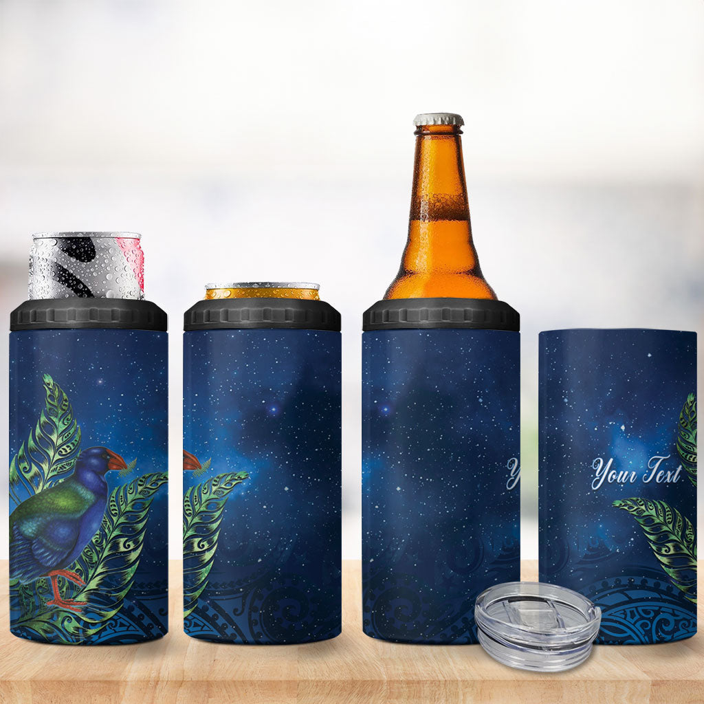 New Zealand Takahe Personalised 4 in 1 Can Cooler Tumbler Silver Fern Galaxy Polynesian Pattern
