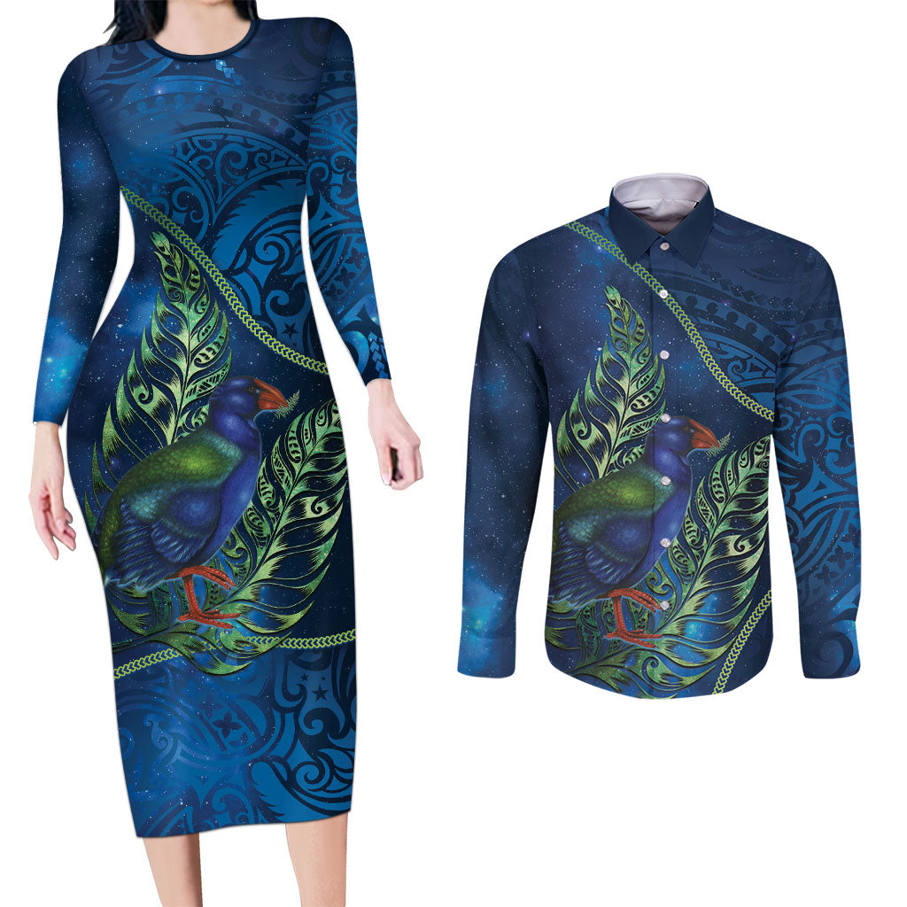 New Zealand Takahe Personalised Couples Matching Long Sleeve Bodycon Dress and Long Sleeve Button Shirt Silver Fern Galaxy Polynesian Pattern