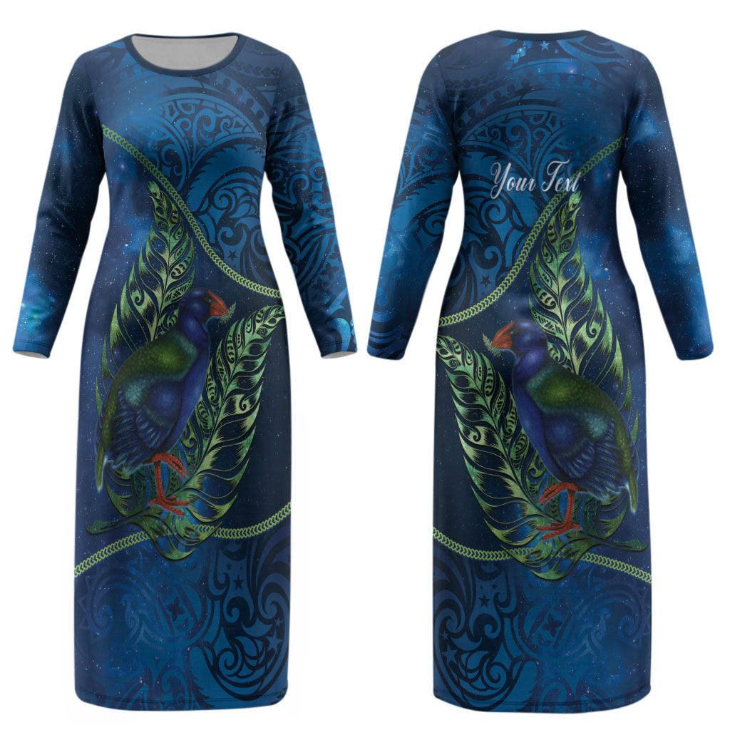 New Zealand Takahe Personalised Couples Matching Long Sleeve Bodycon Dress and Long Sleeve Button Shirt Silver Fern Galaxy Polynesian Pattern LT22 - Polynesian Pride