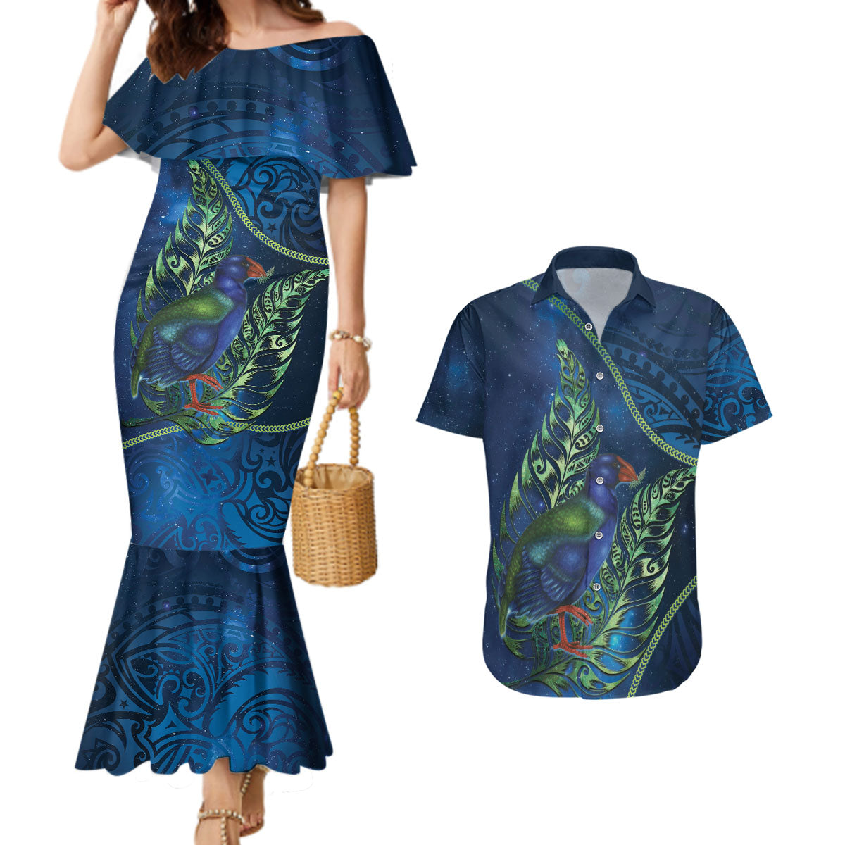New Zealand Takahe Personalised Couples Matching Mermaid Dress and Hawaiian Shirt Silver Fern Galaxy Polynesian Pattern