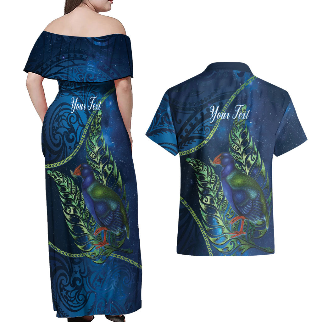 New Zealand Takahe Personalised Couples Matching Off Shoulder Maxi Dress and Hawaiian Shirt Silver Fern Galaxy Polynesian Pattern