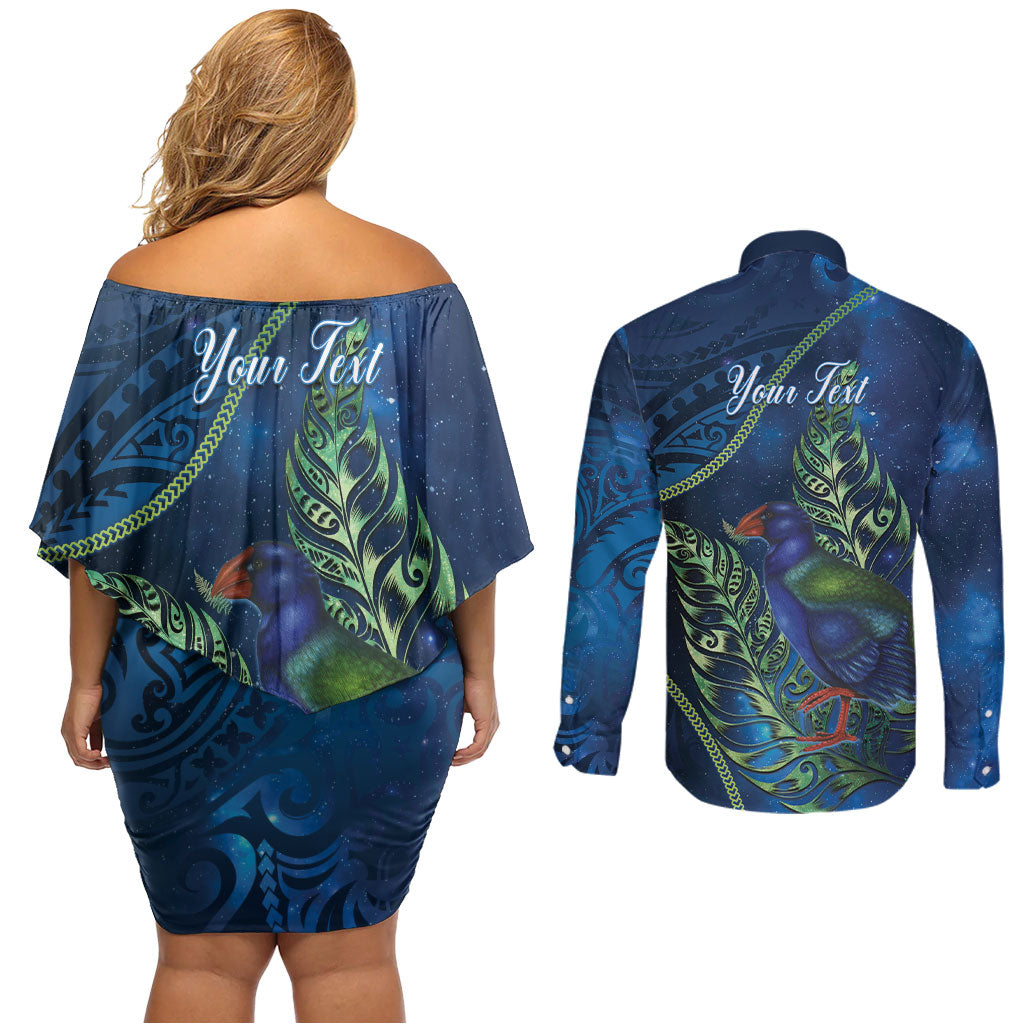 New Zealand Takahe Personalised Couples Matching Off Shoulder Short Dress and Long Sleeve Button Shirt Silver Fern Galaxy Polynesian Pattern
