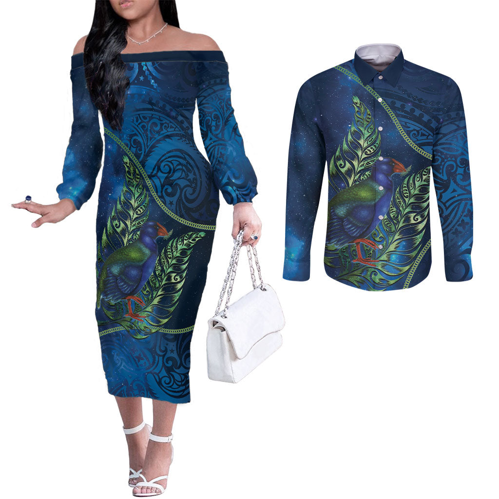 New Zealand Takahe Personalised Couples Matching Off The Shoulder Long Sleeve Dress and Long Sleeve Button Shirt Silver Fern Galaxy Polynesian Pattern