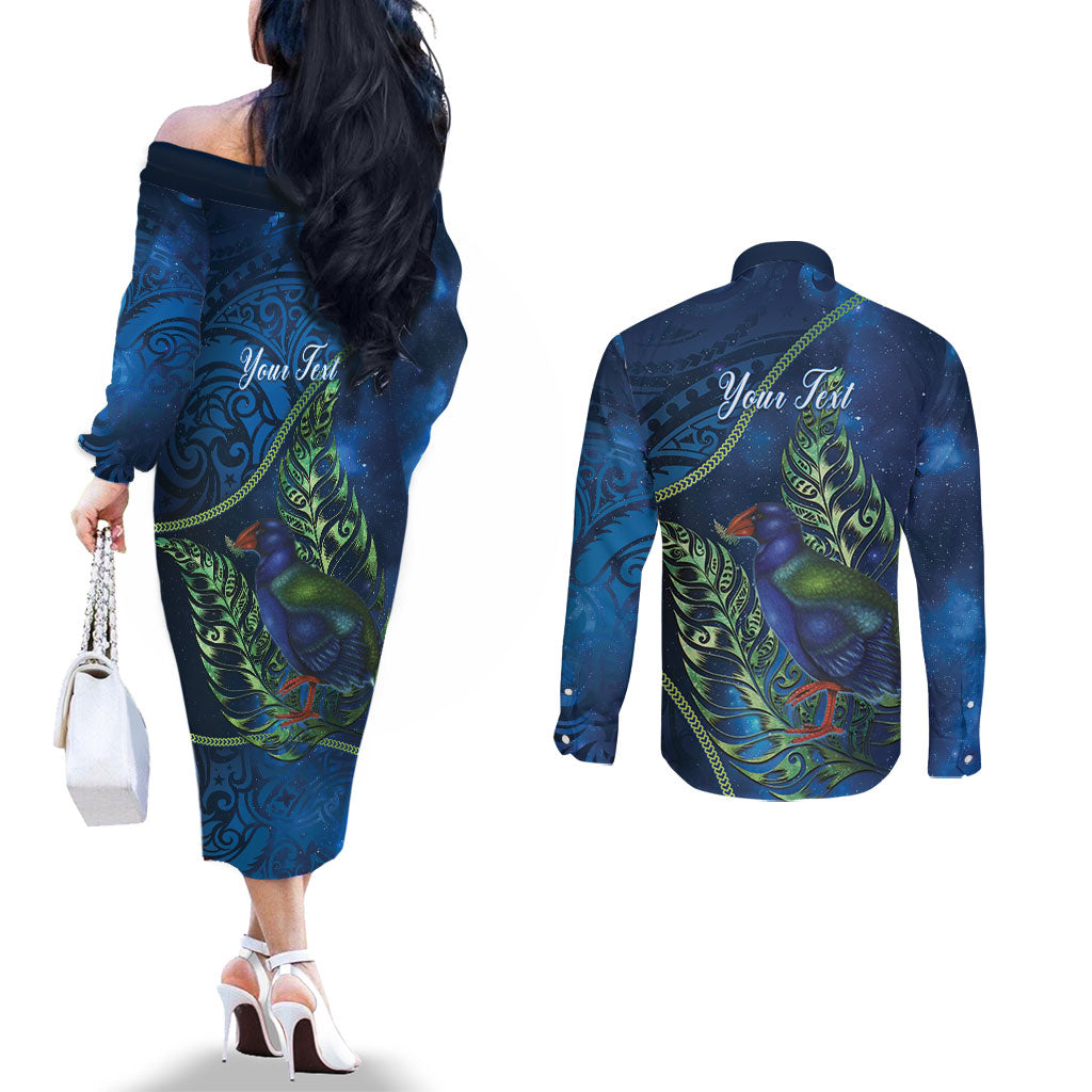 New Zealand Takahe Personalised Couples Matching Off The Shoulder Long Sleeve Dress and Long Sleeve Button Shirt Silver Fern Galaxy Polynesian Pattern