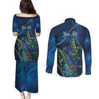 New Zealand Takahe Personalised Couples Matching Puletasi and Long Sleeve Button Shirt Silver Fern Galaxy Polynesian Pattern