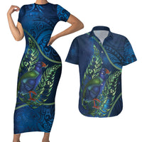 New Zealand Takahe Personalised Couples Matching Short Sleeve Bodycon Dress and Hawaiian Shirt Silver Fern Galaxy Polynesian Pattern
