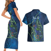 New Zealand Takahe Personalised Couples Matching Short Sleeve Bodycon Dress and Hawaiian Shirt Silver Fern Galaxy Polynesian Pattern