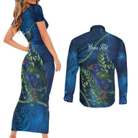 New Zealand Takahe Personalised Couples Matching Short Sleeve Bodycon Dress and Long Sleeve Button Shirt Silver Fern Galaxy Polynesian Pattern