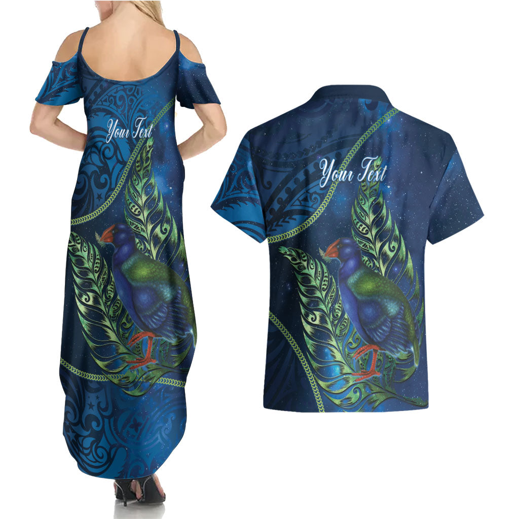 New Zealand Takahe Personalised Couples Matching Summer Maxi Dress and Hawaiian Shirt Silver Fern Galaxy Polynesian Pattern
