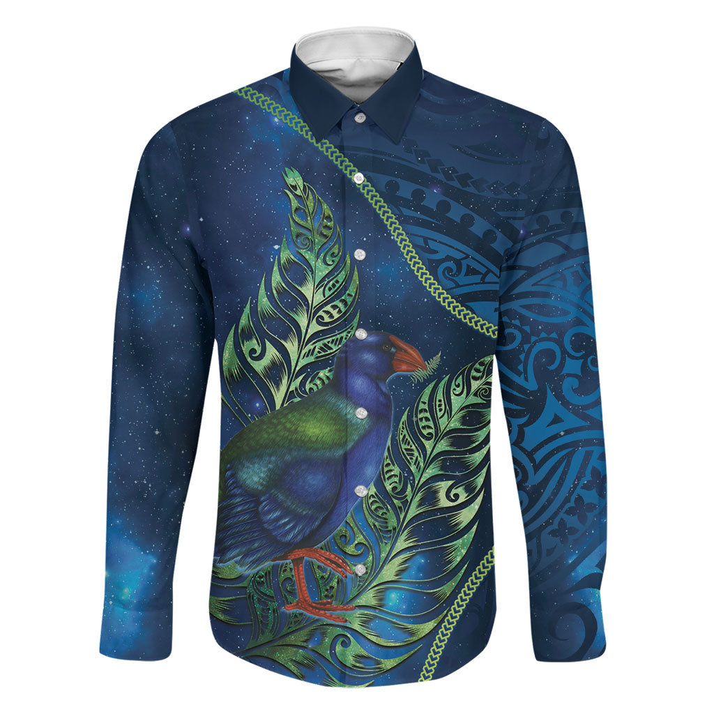 New Zealand Takahe Personalised Family Matching Long Sleeve Bodycon Dress and Hawaiian Shirt Silver Fern Galaxy Polynesian Pattern LT22 Dad's Shirt - Long Sleeve Blue - Polynesian Pride