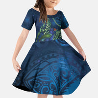 New Zealand Takahe Personalised Family Matching Off The Shoulder Long Sleeve Dress and Hawaiian Shirt Silver Fern Galaxy Polynesian Pattern LT22 Daughter's Dress Blue - Polynesian Pride